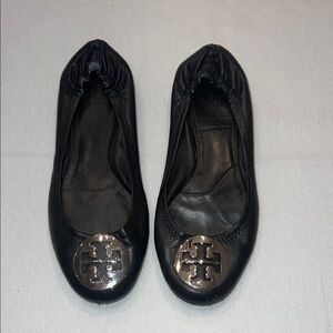 Tory Burch Black Flats with Silver Logo